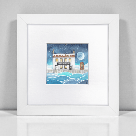 Original Watercolour Painting - The Haven - Snowy Moonlit Scene - East Neuk Beach Crafts