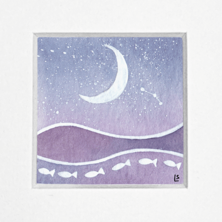 Original Watercolour Painting - Tiny Crescent Moon and Aries Constellation - East Neuk Beach Crafts