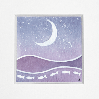 Original Watercolour Painting - Tiny Crescent Moon and Aries Constellation - East Neuk Beach Crafts