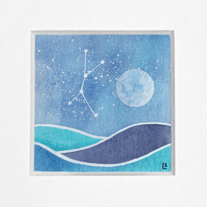 Original Watercolour Painting - Tiny Moonlit Sea and Cancer Constellation - East Neuk Beach Crafts