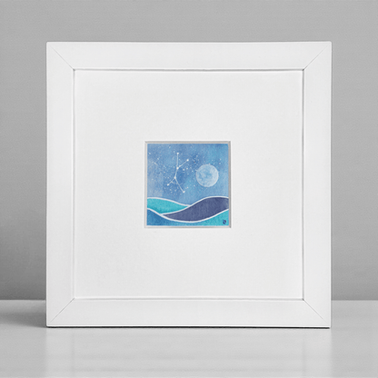 Original Watercolour Painting - Tiny Moonlit Sea and Cancer Constellation - East Neuk Beach Crafts