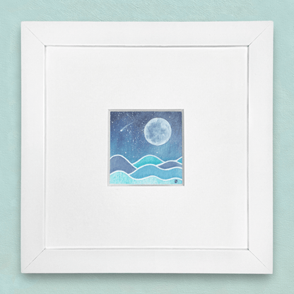 Original Watercolour Painting - Tiny Moonlit Sea and Shooting Star