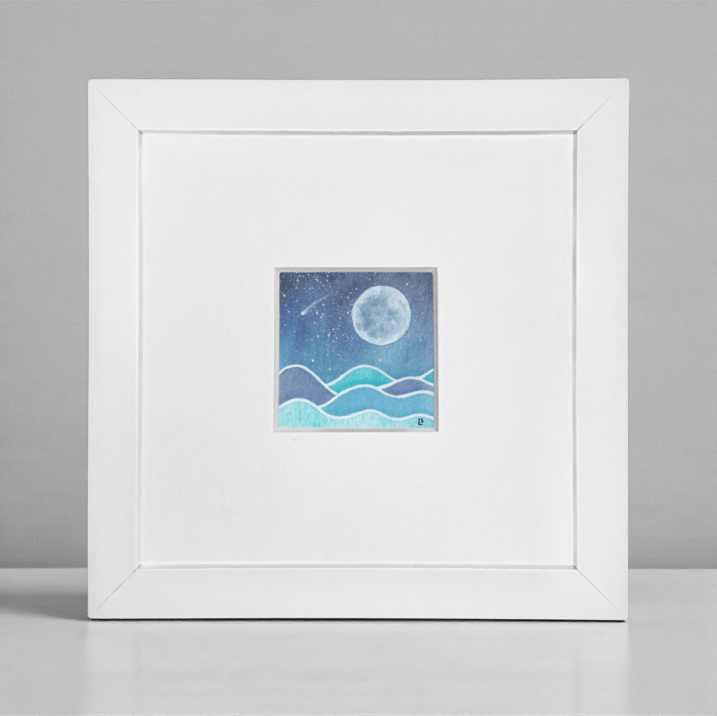 Original Watercolour Painting - Tiny Moonlit Sea and Shooting Star