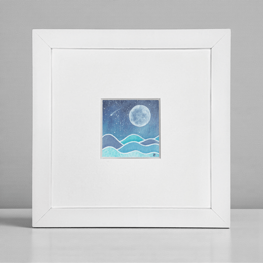 Original Watercolour Painting - Tiny Moonlit Sea and Shooting Star