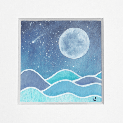 Original Watercolour Painting - Tiny Moonlit Sea and Shooting Star