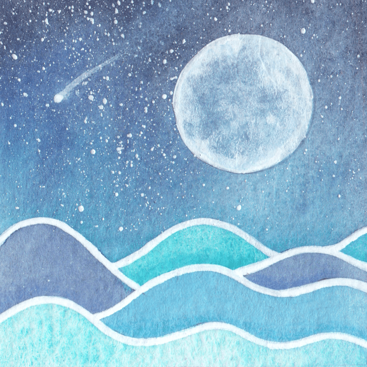 Original Watercolour Painting - Tiny Moonlit Sea and Shooting Star