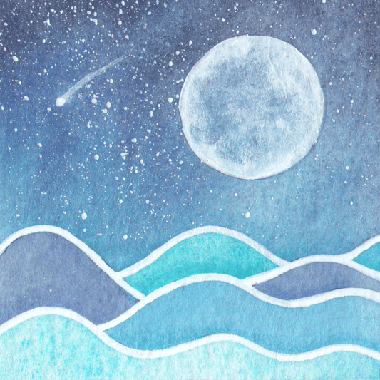 Original Watercolour Painting - Tiny Moonlit Sea and Shooting Star