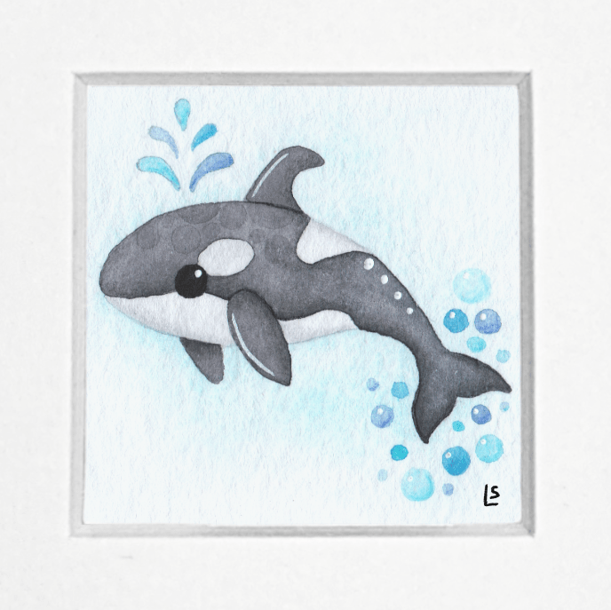 Original Watercolour Painting - Tiny Orca Whale - Framed, Mounted and Signed - East Neuk Beach Crafts