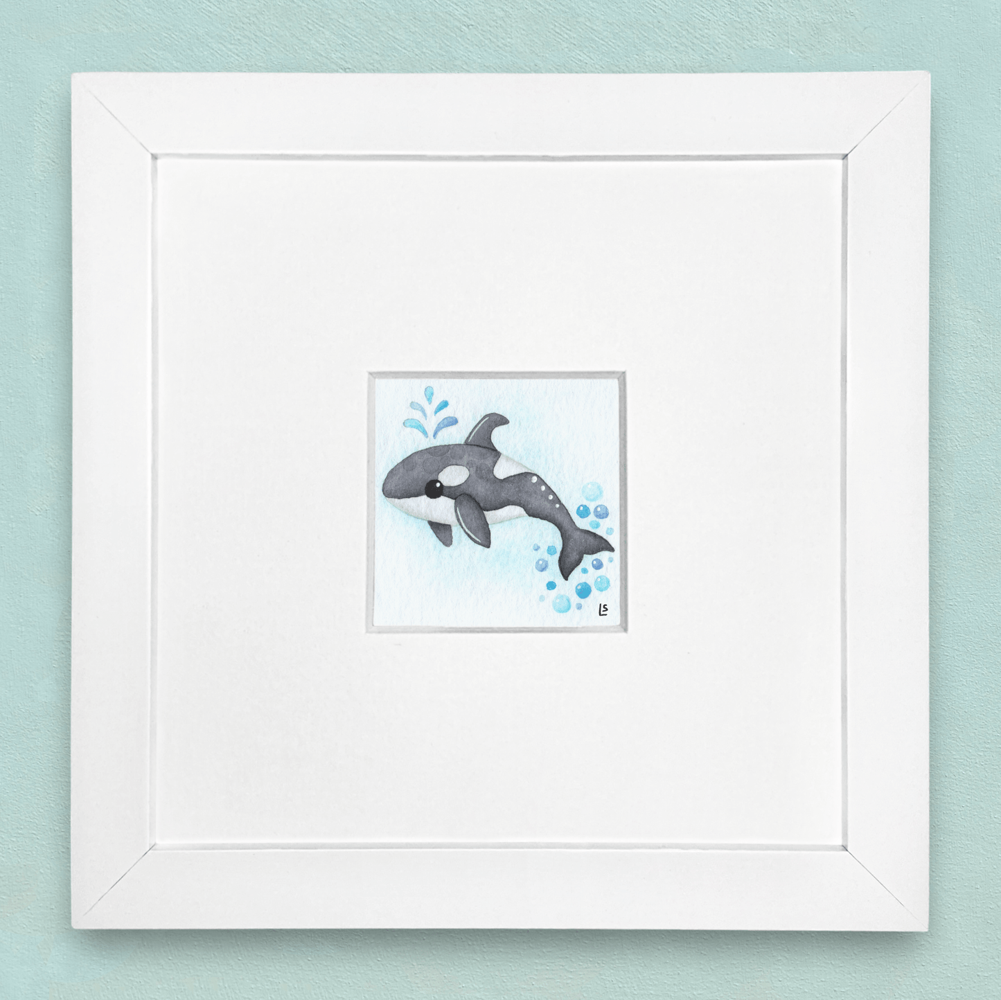 Original Watercolour Painting - Tiny Orca Whale - Framed, Mounted and Signed - East Neuk Beach Crafts