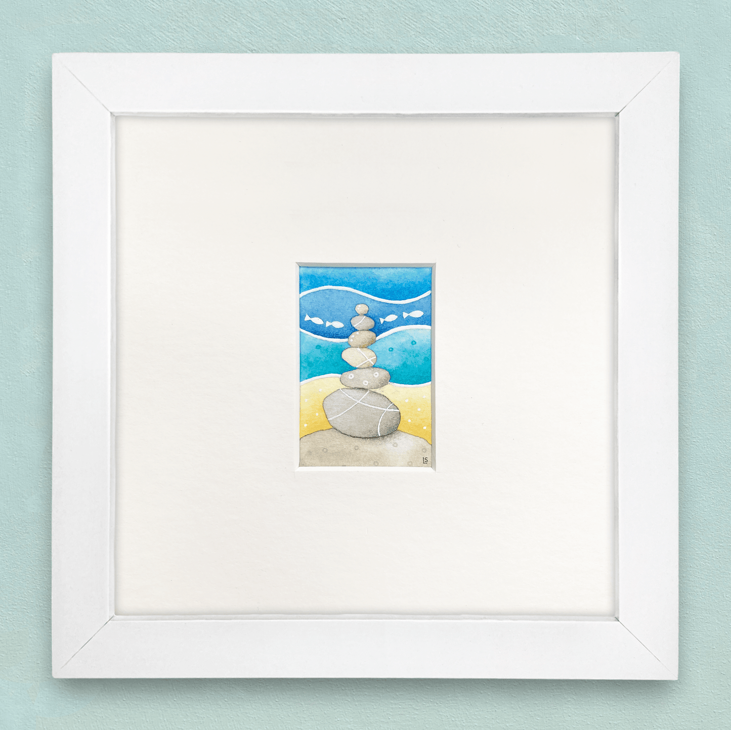 Original Watercolour Painting - Tiny Stone Stack - Framed, Mounted and Signed - East Neuk Beach Crafts
