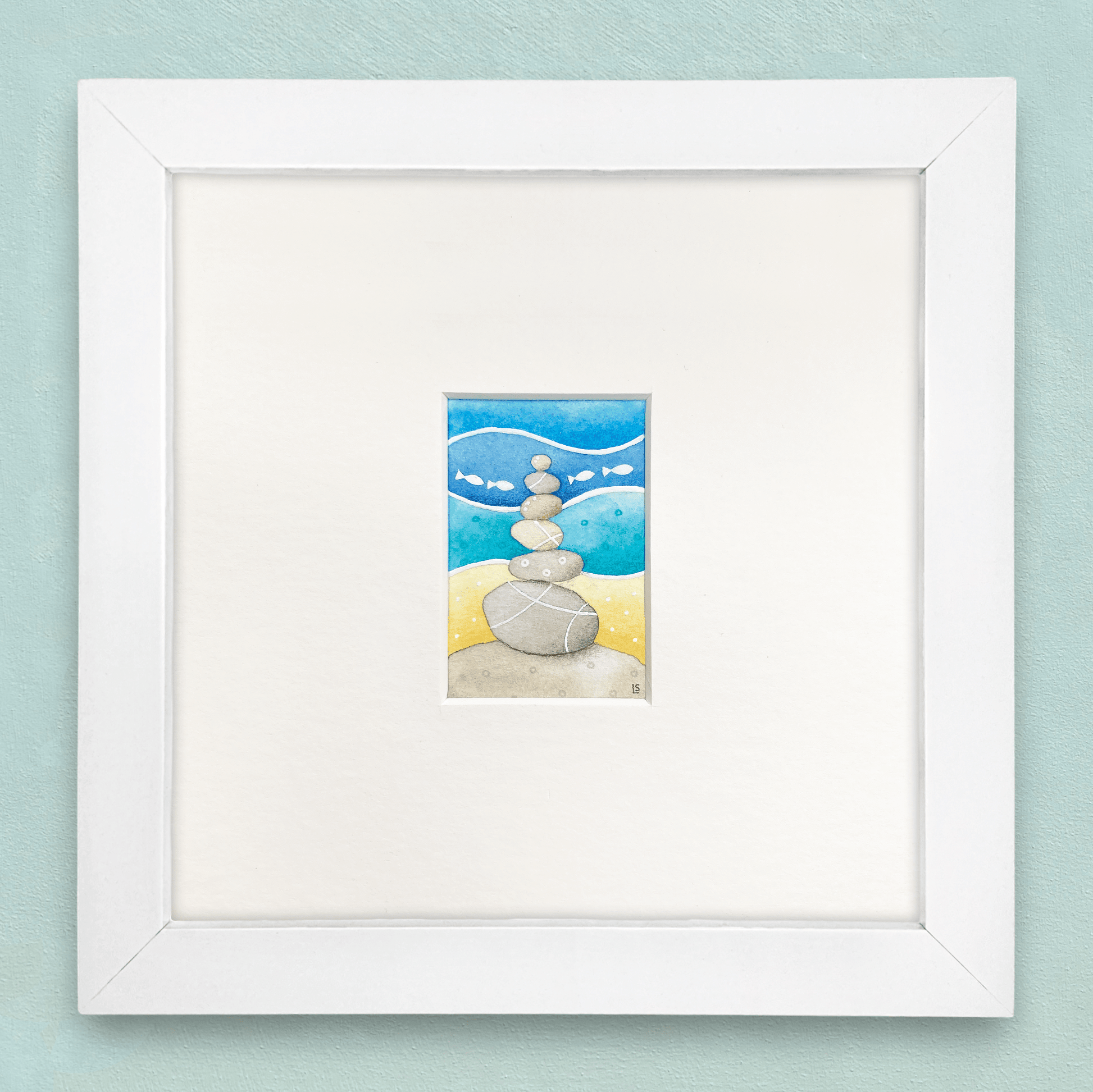 Original Watercolour Painting - Tiny Stone Stack - Framed, Mounted and Signed - East Neuk Beach Crafts