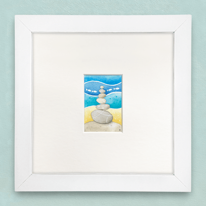 Original Watercolour Painting - Tiny Stone Stack - Framed, Mounted and Signed - East Neuk Beach Crafts