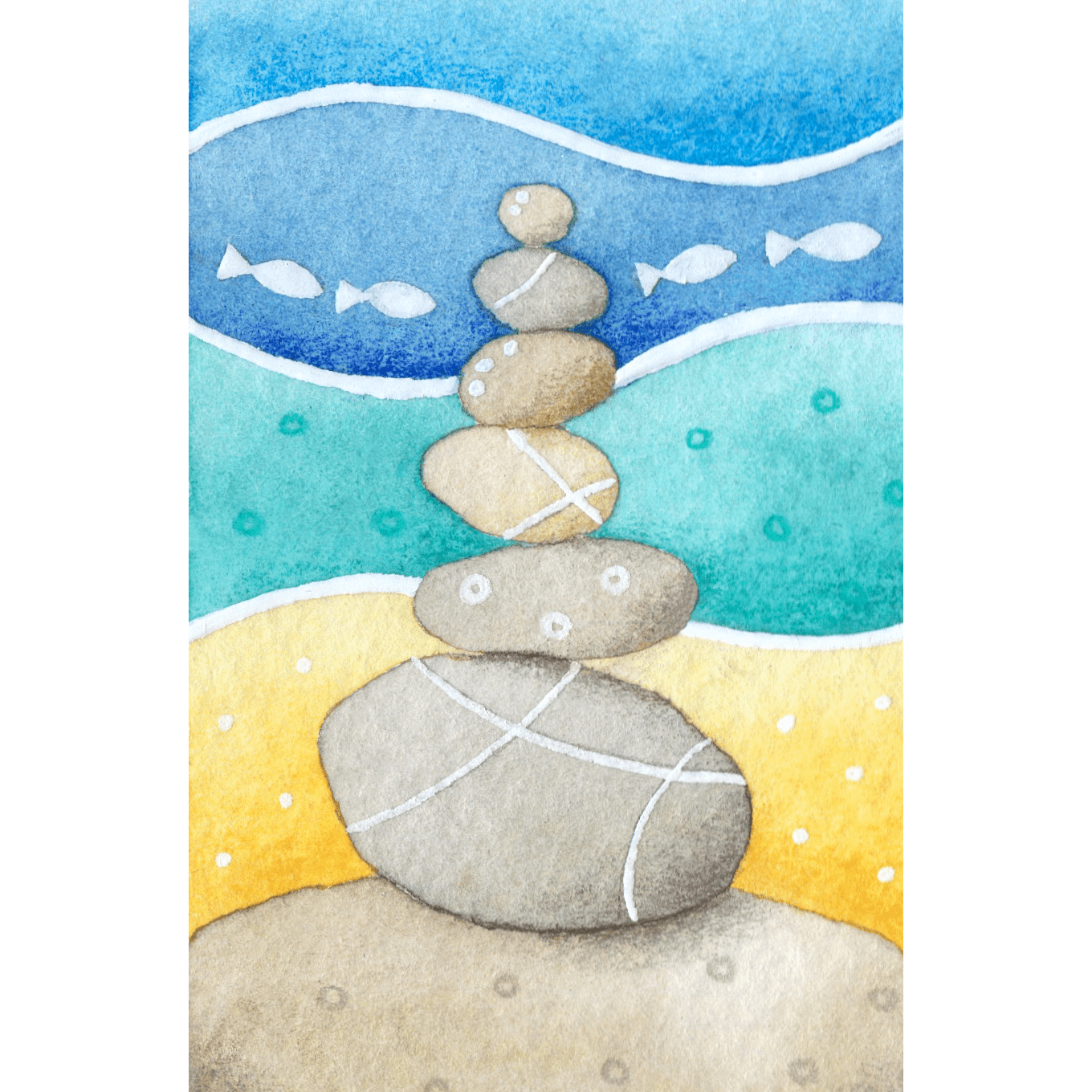 Original Watercolour Painting - Tiny Stone Stack - Framed, Mounted and Signed - East Neuk Beach Crafts