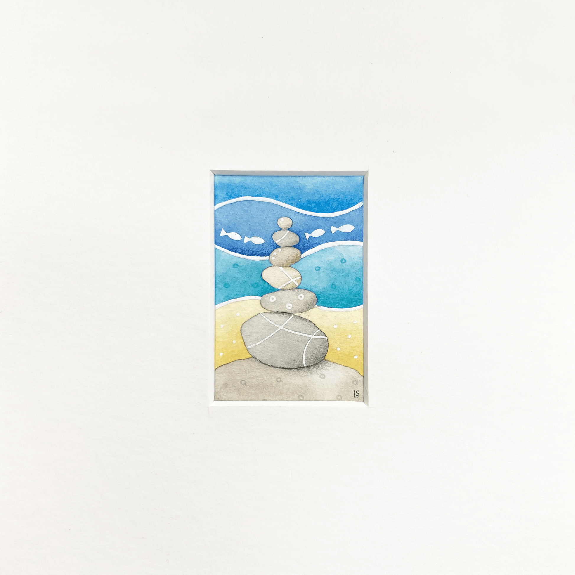 Original Watercolour Painting - Tiny Stone Stack - Framed, Mounted and Signed - East Neuk Beach Crafts