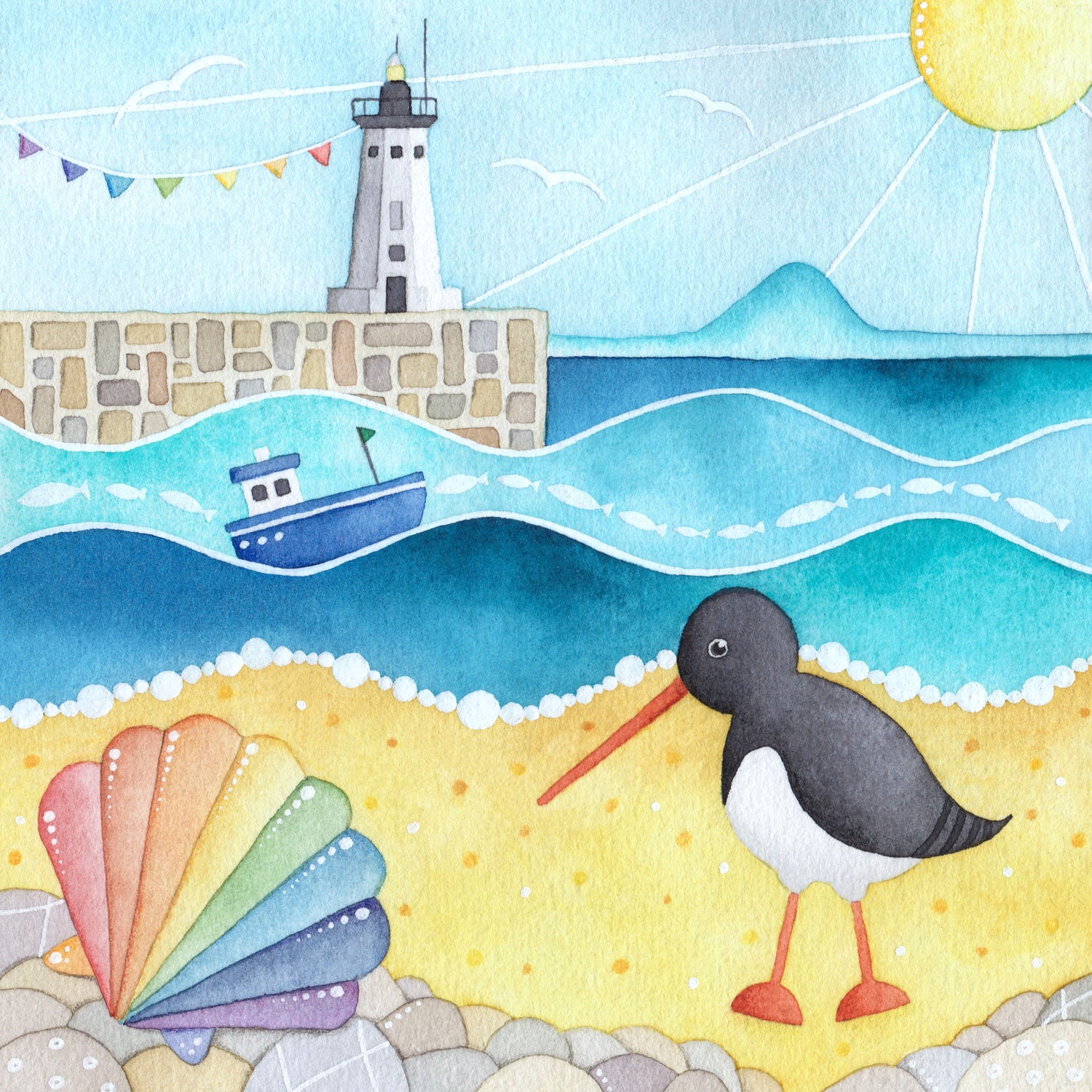 Oystercatcher and lighthouse on Anstruther beach painting