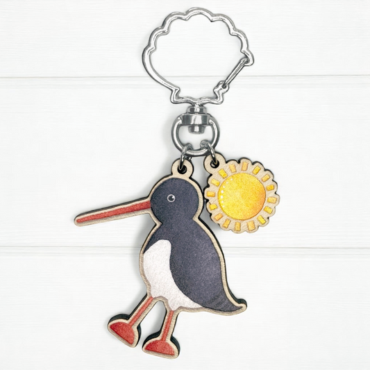 Wooden Keyring - Oystercatcher and Sun - Maple Wood Key Chain with Shell Clasp