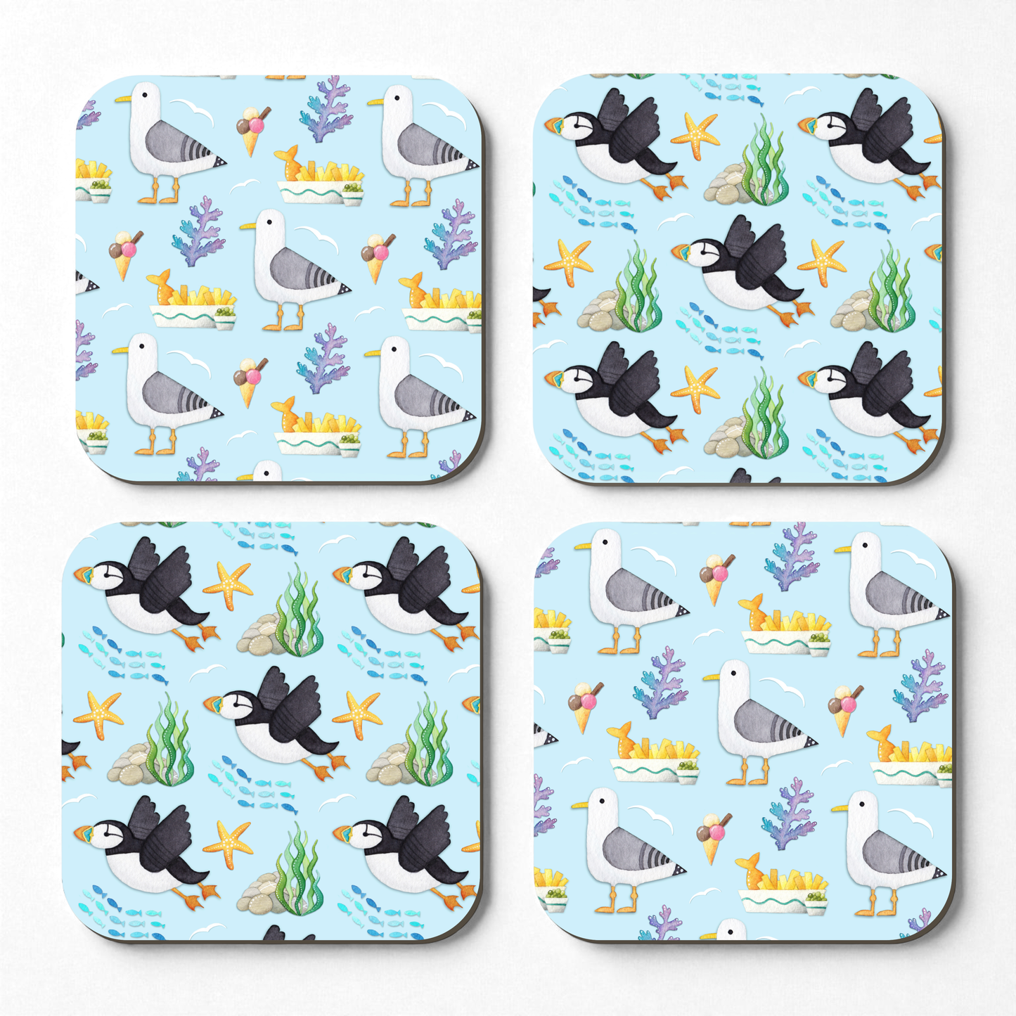 Seaside Patterns Coaster Set x 4 - Seagull & Puffin - Save £2