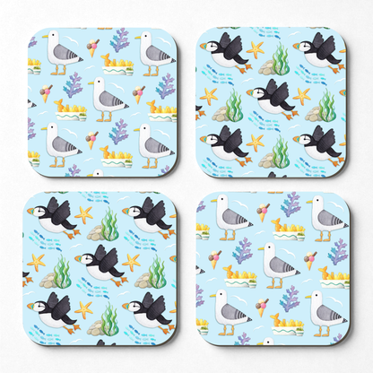 Seaside Patterns Coaster Set x 4 - Seagull & Puffin - Save £2
