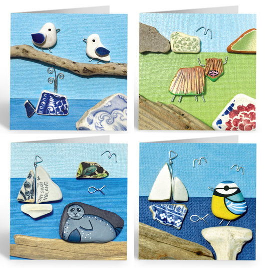 Pebble Art Greetings Cards x 4 - Seagull, Highland Cow, Seal, Blue Tit - East Neuk Beach Crafts