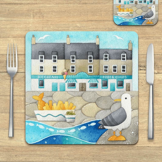 Placemat - Fish and Chips with Anstruther Seagull - Seaside Table Mats - East Neuk Beach Crafts