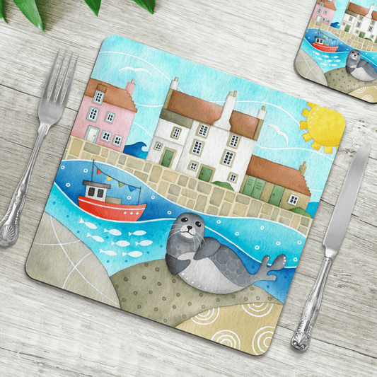 Placemat - Sammy Seal at Pittenweem Harbour - Seaside Table Mats - East Neuk Beach Crafts