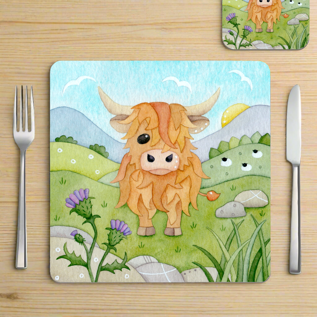 Placemat - Highland Cow and Thistle - Scottish Table Mats