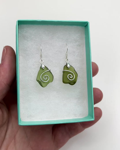 Sea Glass Earrings - Olive Green Celtic Scottish Jewellery