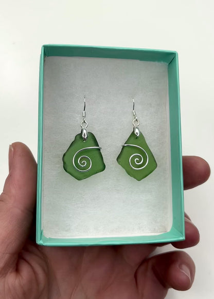 Sea Glass Earrings - Olive Green Celtic Scottish Jewellery