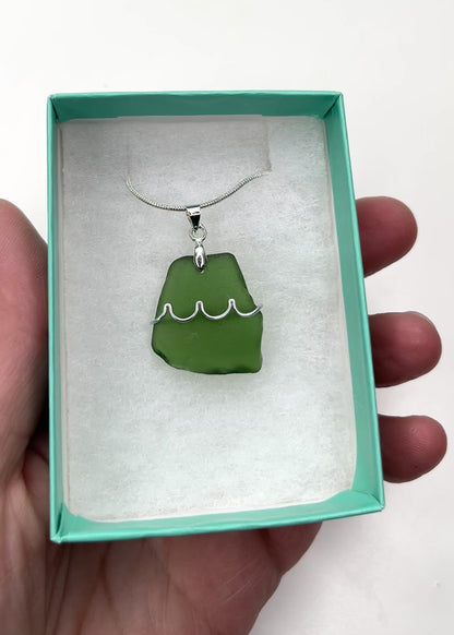 Sea Glass Necklace - Green Choppy Waves Pendant - Scottish Jewellery