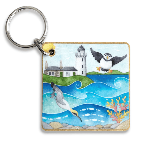 Puffin and Diving Gannet Keyring - Square Wooden Key Chain - East Neuk Beach Crafts