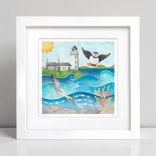 Puffin and Gannet Framed Print - Isle of May - Seaside Watercolour