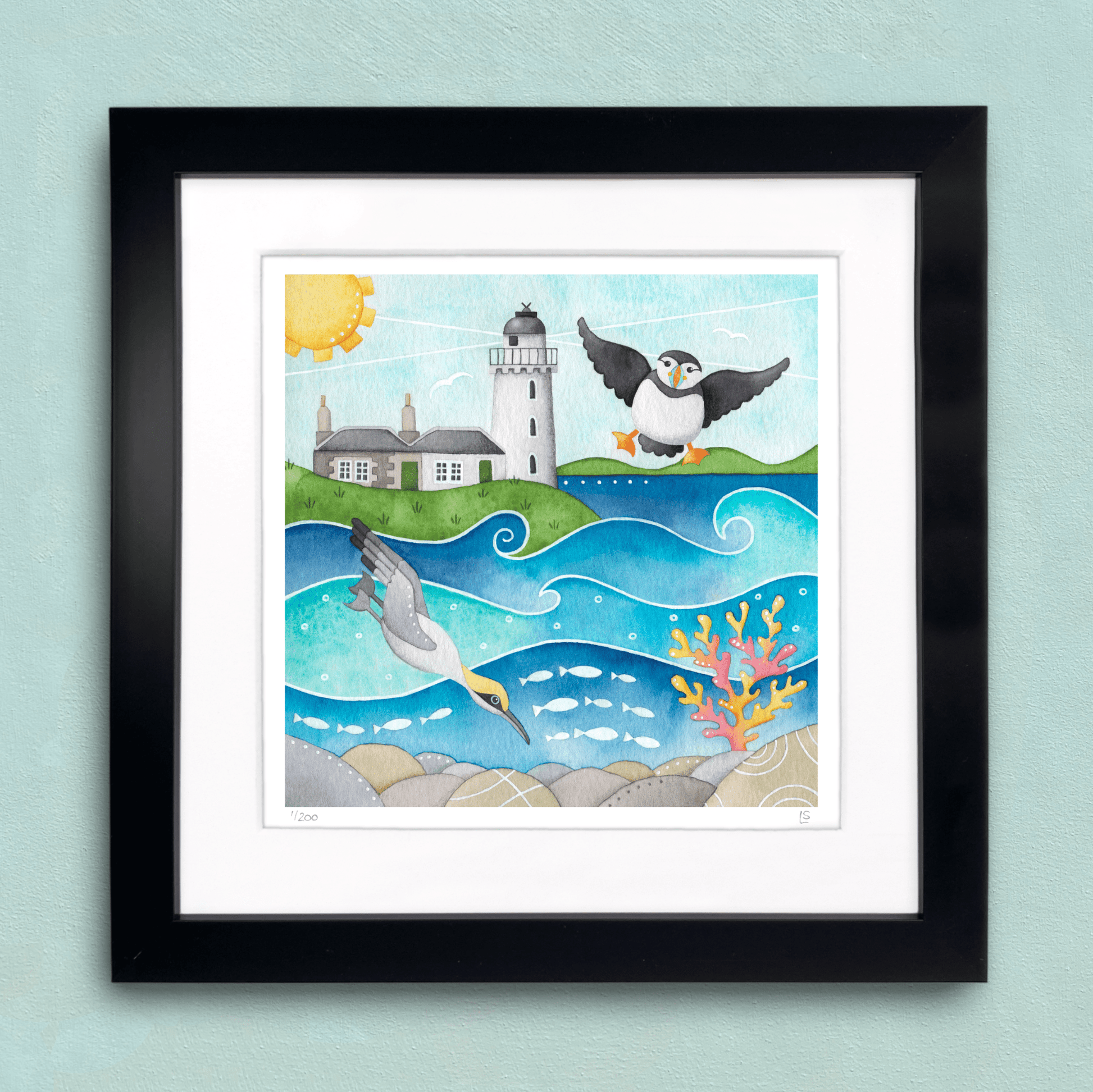 Puffin and Gannet Framed Print - Isle of May - Seaside Watercolour