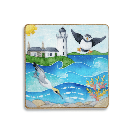 Puffin and Gannet Fridge Magnet - Square Wood