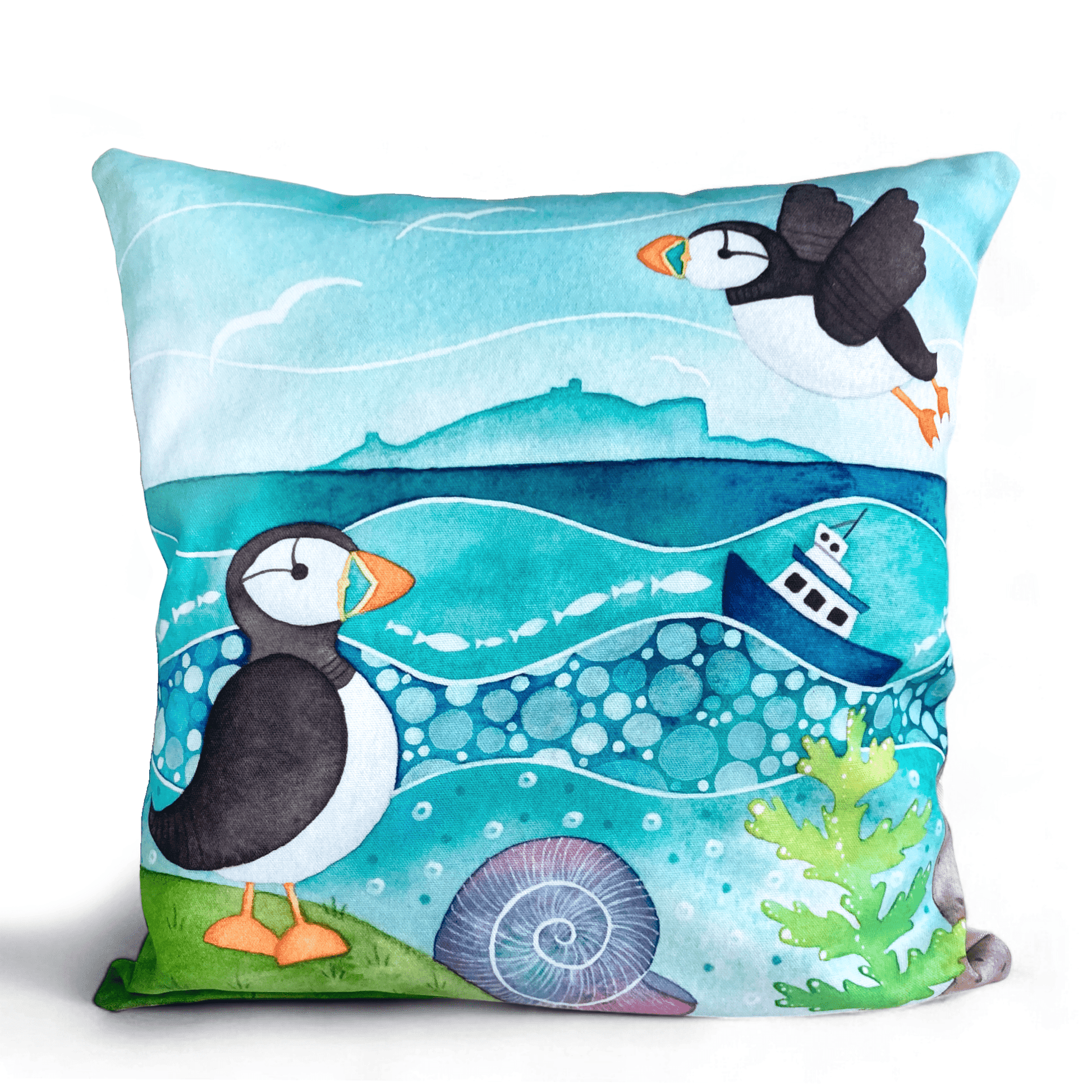 Cushion Cover - Puffins and the Isle of May - Seaside Watercolours - East Neuk Beach Crafts
