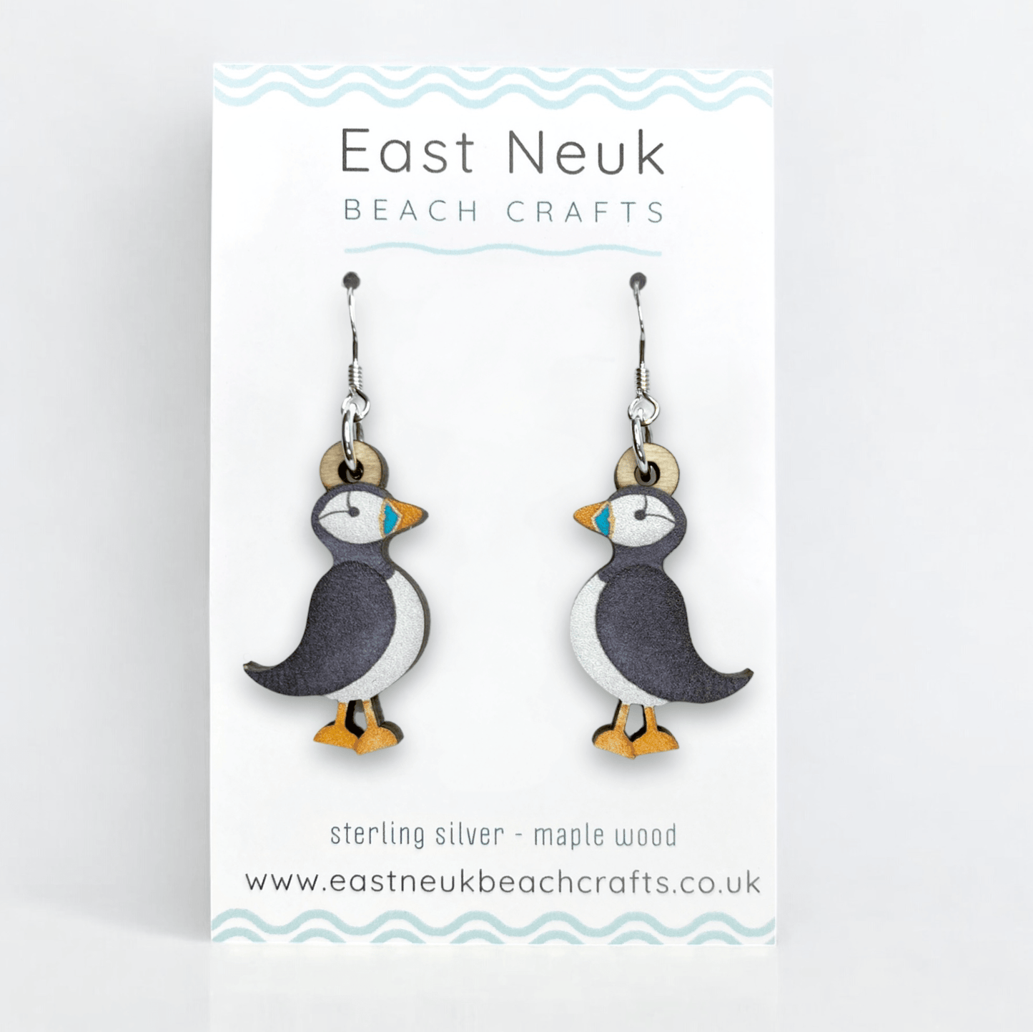 Puffin Earrings - Sterling Silver and Maple Wood - East Neuk Beach Crafts