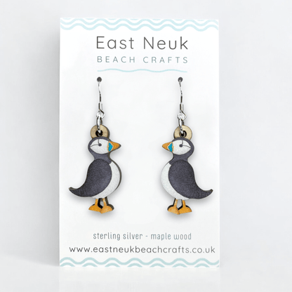 Puffin Earrings - Sterling Silver and Maple Wood - East Neuk Beach Crafts