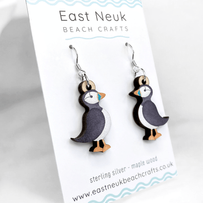 Puffin Earrings - Sterling Silver and Maple Wood - East Neuk Beach Crafts