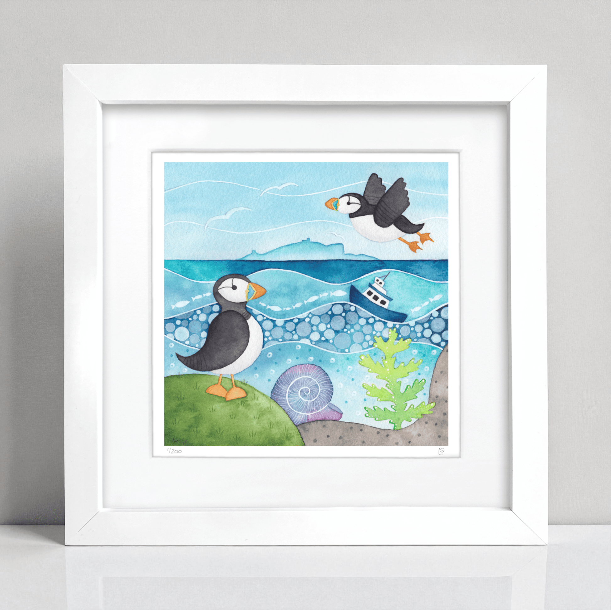 Puffin Framed Print - Isle of May - Seaside Watercolour - East Neuk Beach Crafts