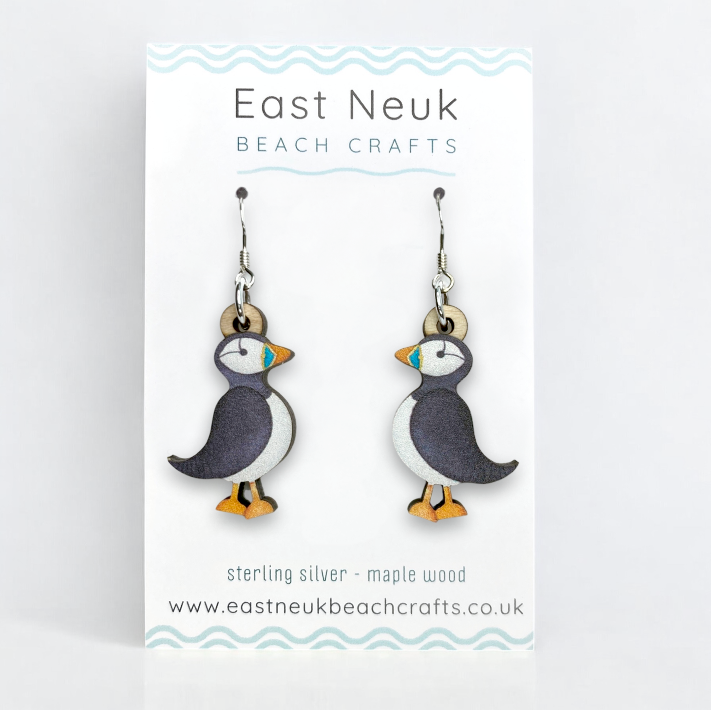 Puffin Earrings - Sterling Silver and Maple Wood
