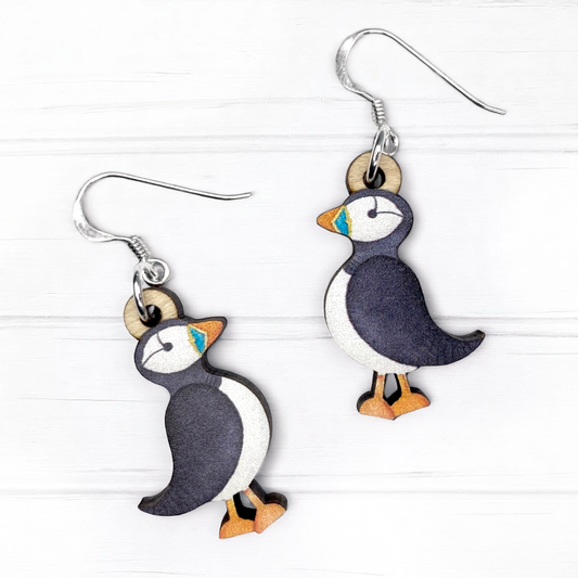 Wooden Earrings - Puffin - Sterling Silver and Maple Wood