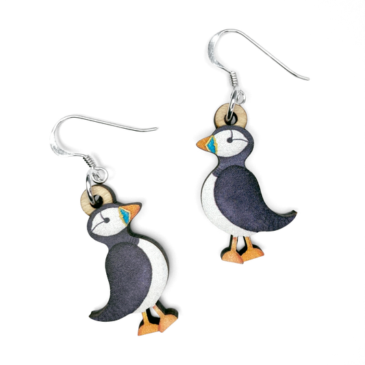 Puffin Earrings - Sterling Silver and Maple Wood