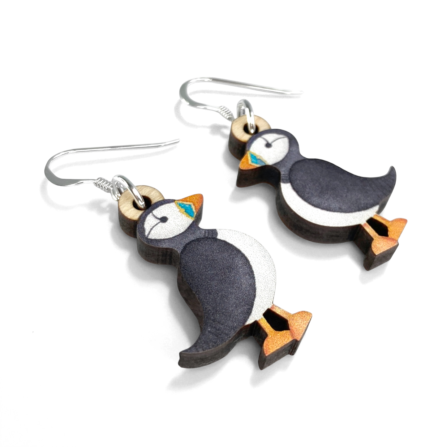 Puffin Earrings - Sterling Silver and Maple Wood
