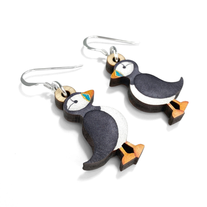 Puffin Earrings - Sterling Silver and Maple Wood