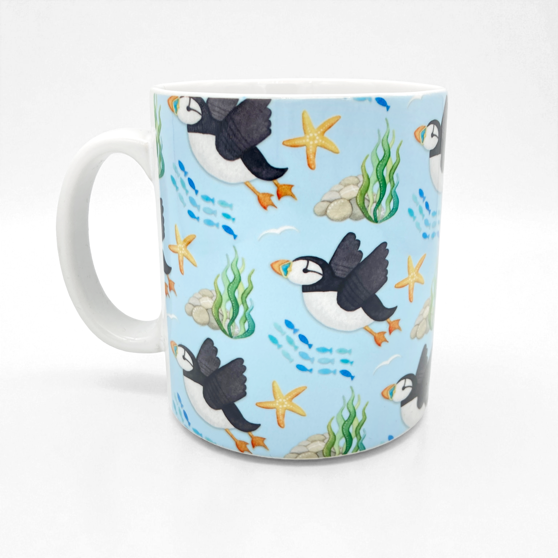 Puffin Pattern Mug - Flying Puffins - Seaside Ceramic Mug - East Neuk Beach Crafts