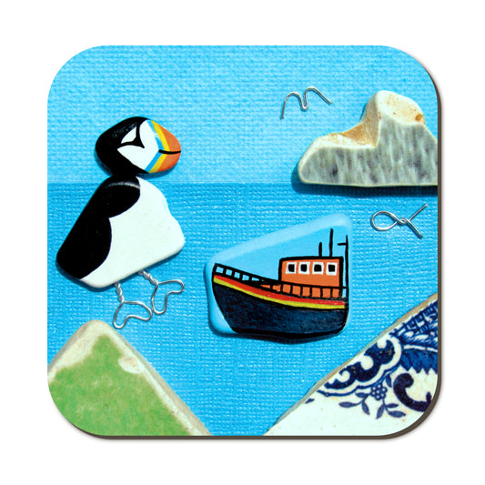 Coaster Set x 4 - Beach Pebble Art - Puffins, Seagulls, Blue Tits, Highland Cows - Save £2