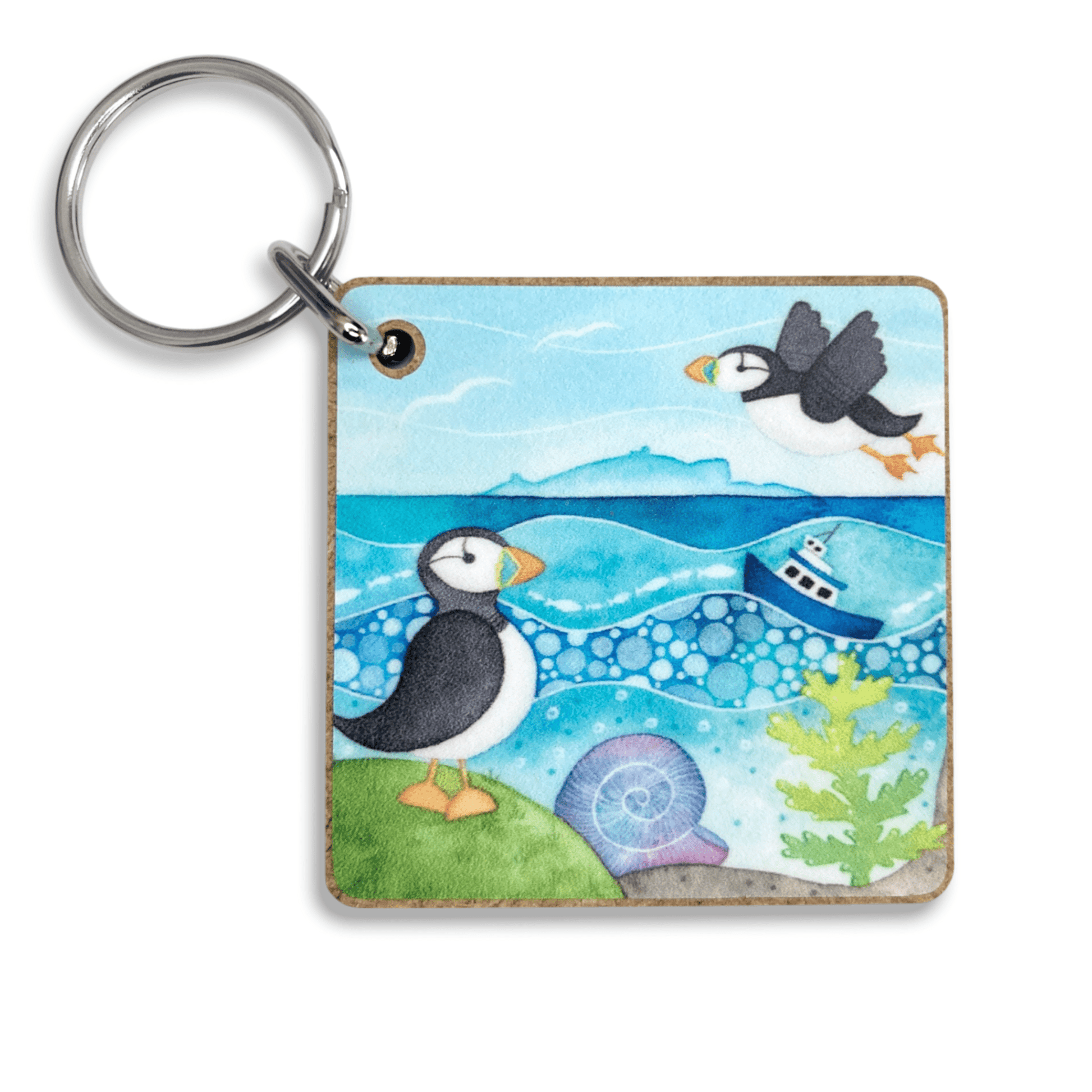 Puffins Keyring - Square Wooden Key Chain - East Neuk Beach Crafts