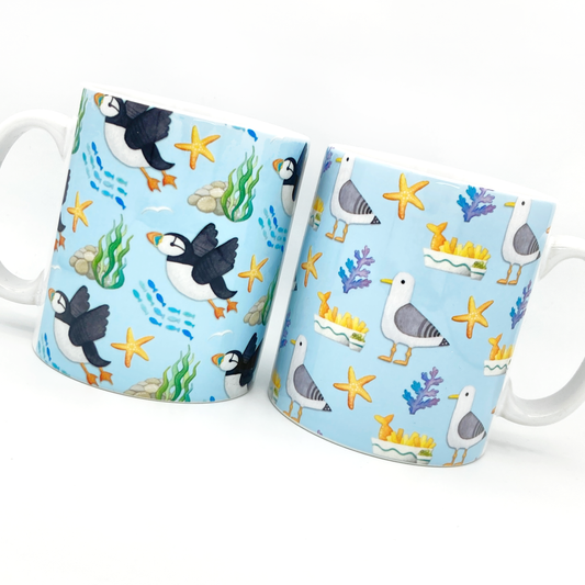 Set of 2 Mugs - Cute Seagull & Puffin Patterns - Save £3