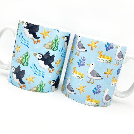 Set of 2 Mugs - Cute Seagull & Puffin Patterns - Save £2