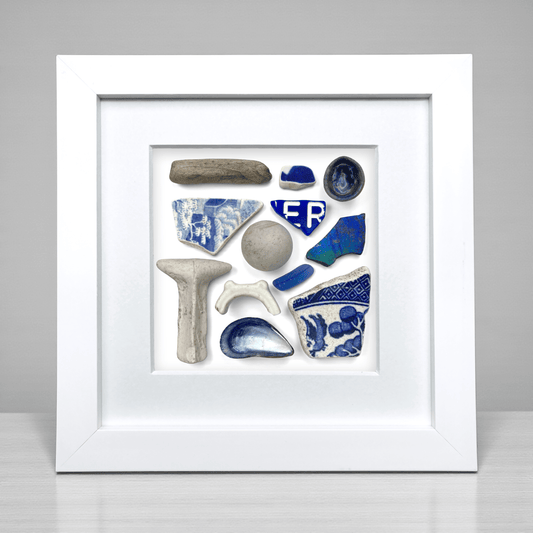 Rare Beachcombing Curiosities - Blue - Framed Beach Art - East Neuk Beach Crafts