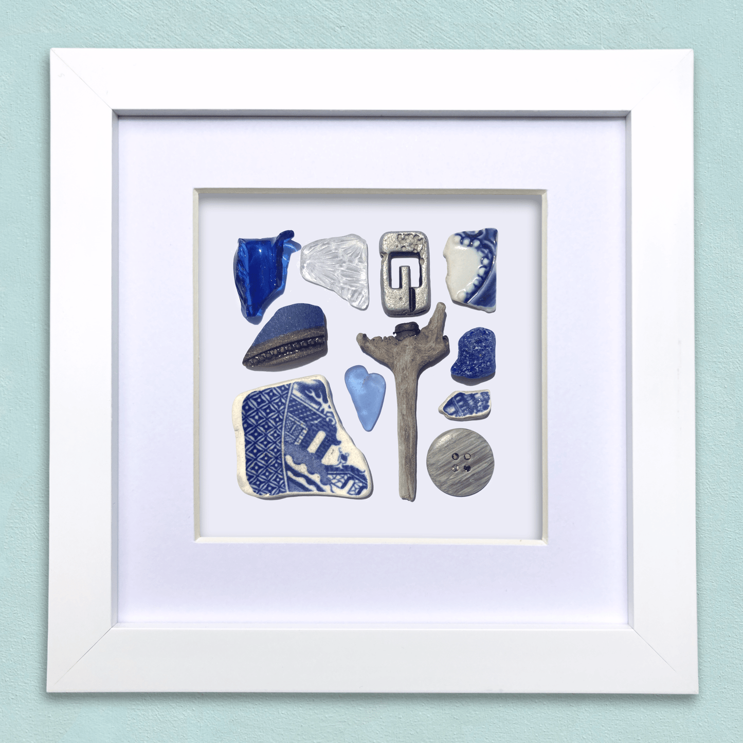 Rare Beachcombing Curiosities - Blue - Framed Beach Art - East Neuk Beach Crafts
